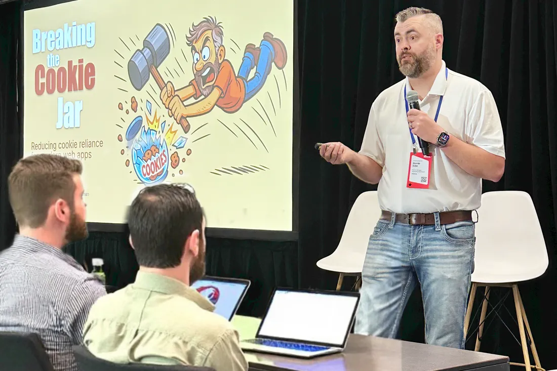 Ronnie Duke presenting Breaking the cookie jar: Reducing cookie reliance for modern web apps at Twilio Signal 2025.